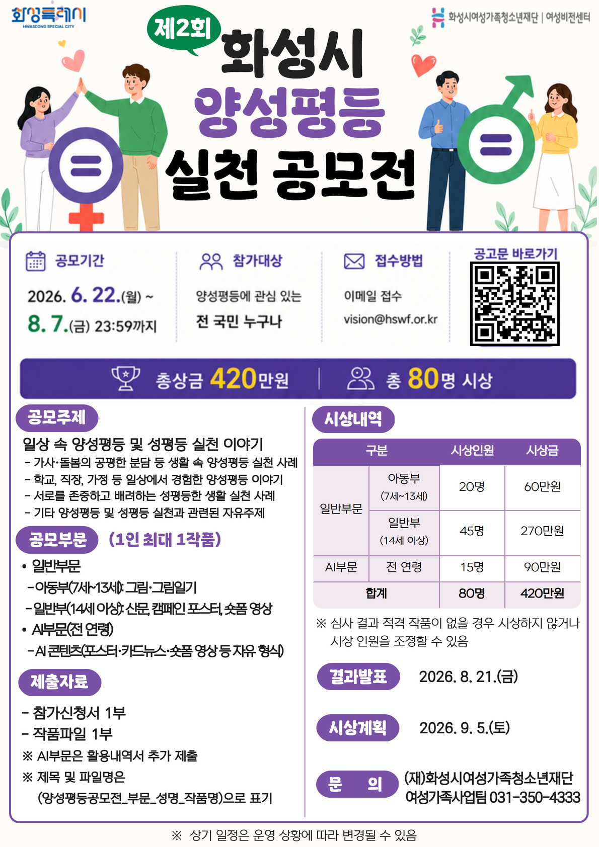 화성시여성가족청소년재단, 「2026년 제2회 화성시 양성평등 실천 공모전」 개최(2026. 6. 24.)