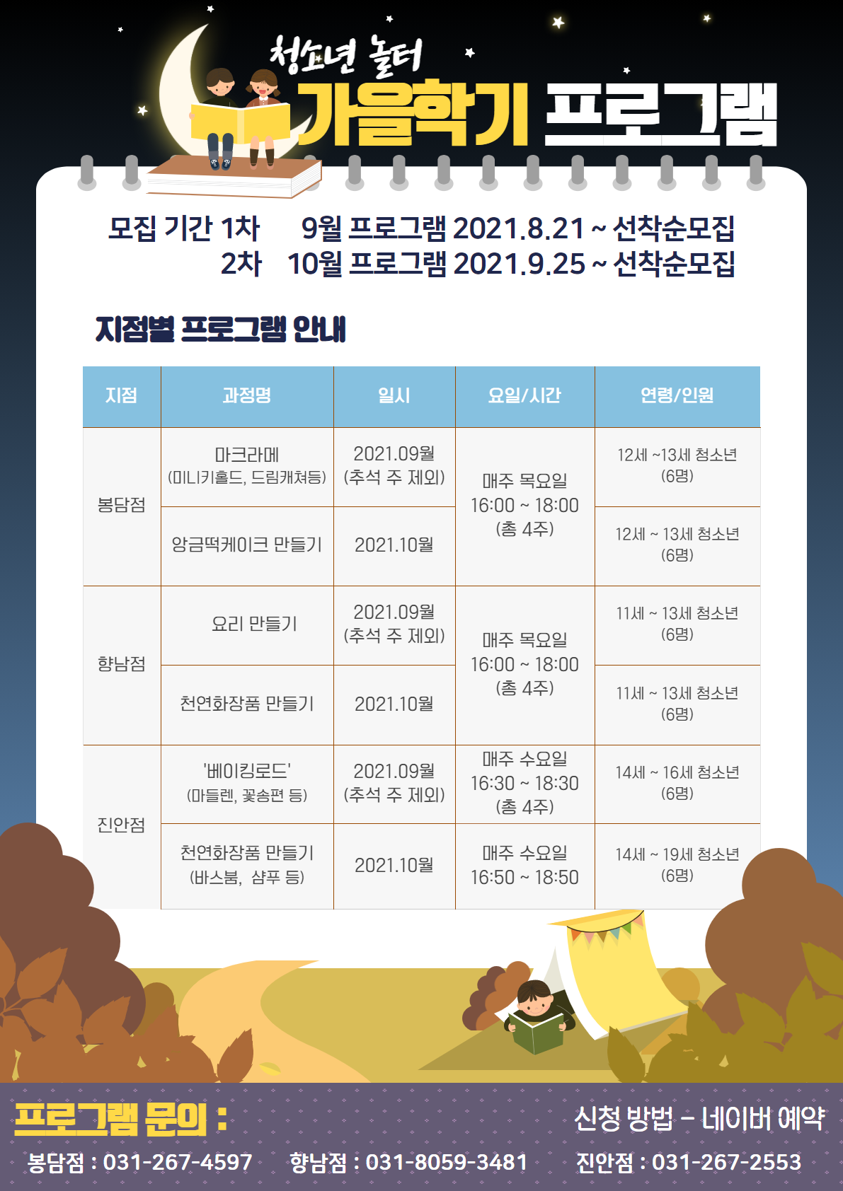 화성시청소년놀터, 2021년 '가을학기 프로그램' 수강생 모집