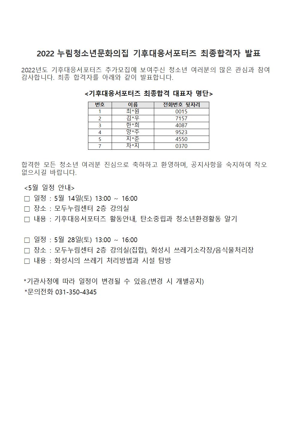 2022 누림청소년문화의집 기후대응서포터즈 최종합격자 발표

 

2022년도 기후대응서포터즈 추가모집에 보여주신 청소년 여러분의 많은 관심과 참여 감사합니다. 최종 합격자를 아래와 같이 발표합니다.

 

<기후대응서포터즈 최종합격 대표자 명단>

 

번호

이름

전화번호 뒷자리

1

최*원

0015

2

김*우

7157

3

한*희

4087

4

양*주

9523

5

지*준

4550

7

차*지

0370

 

 

합격한 모든 청소년 여러분 진심으로 축하하고 환영하며, 공지사항을 숙지하여 착오 없으시길 바랍니다.

 

<5월 일정 안내>

□ 일정 : 5월 14일(토) 13:00 ~ 16:00

□ 장소 : 모두누림센터 2층 강의실

□ 내용 : 기후대응서포터즈 활동안내, 탄소중립과 청소년환경활동 알기

 

□ 일정 : 5월 28일(토) 13:00 ~ 16:00

□ 장소 : 모두누림센터 2층 강의실(집합), 화성시 쓰레기소각장/음식물처리장

□ 내용 : 화성시의 쓰레기 처리방법과 시설 탐방

 

*기관사정에 따라 일정이 변경될 수 있음.(변경 시 개별공지)

*문의전화 031-350-4345